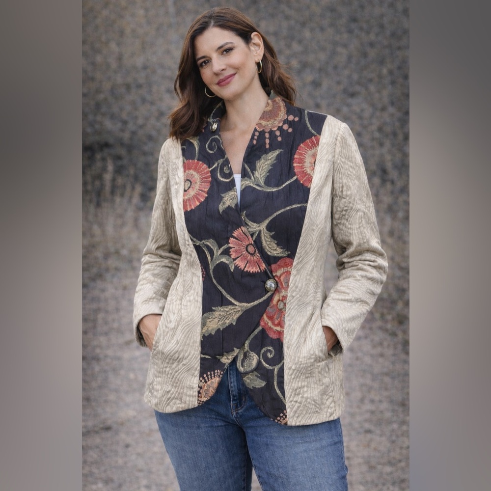 L. O’Neill Design Sunflower Print Mixed Fabric Light Jacket Green Size XS